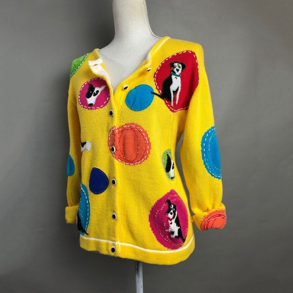 Vintage Y2K Cardigan Bright Yellow Dog Sweater - Picture 3 of 9